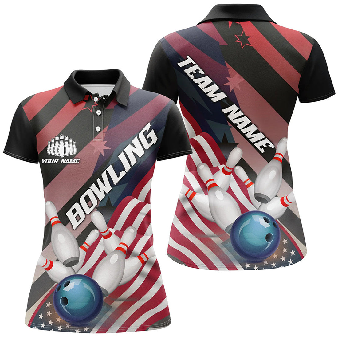 Custom Patriotic Bowling Team Shirts With American Flag For Women's Polo Shirts S-5XL