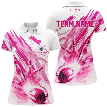 Custom Pink Bowling Team Shirt with Strike Design Women's Polo Shirts S-5XL