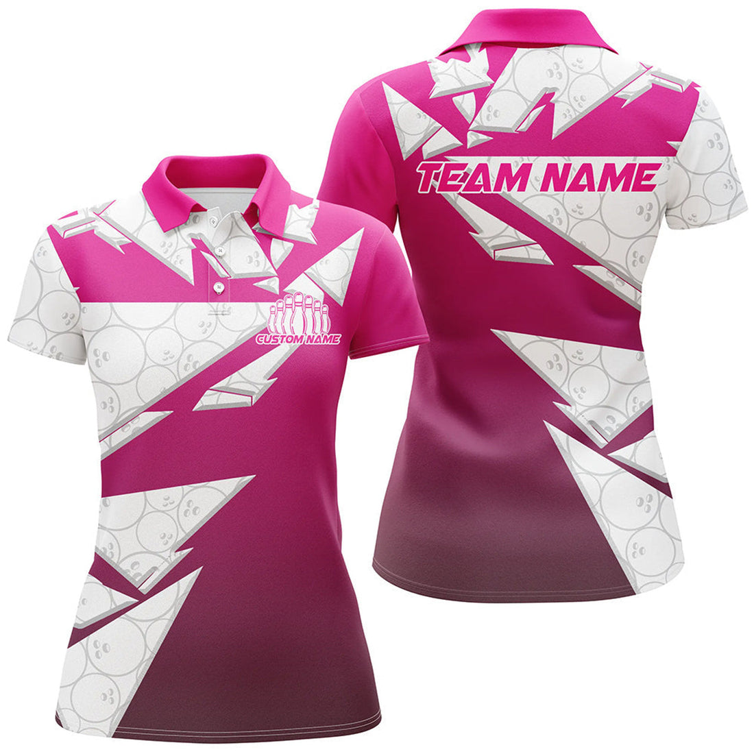 Custom Pink Bowling Team Outfits With Bowling Ball Pattern Women's Polo Shirts S-5XL