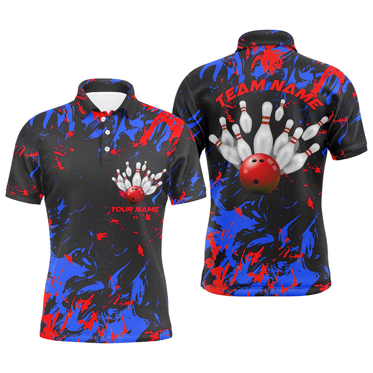 Blue Red Camo Bowling Team Shirts Custom Bowling League Men's Polo Shirt S-5XL
