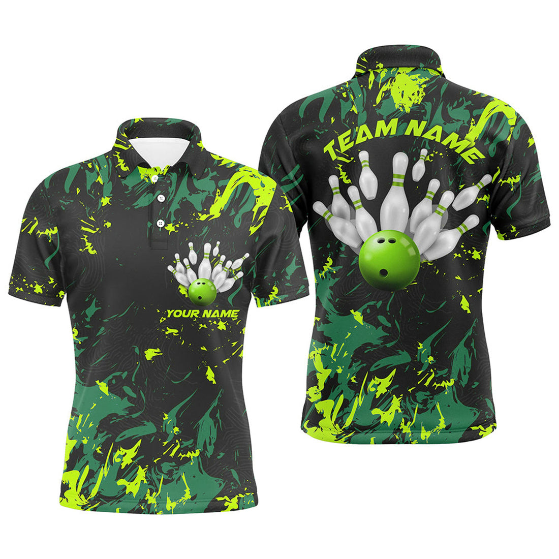 Custom Black and Green Camo Bowling Team Shirt for League Men's Polo Shirt S-5XL