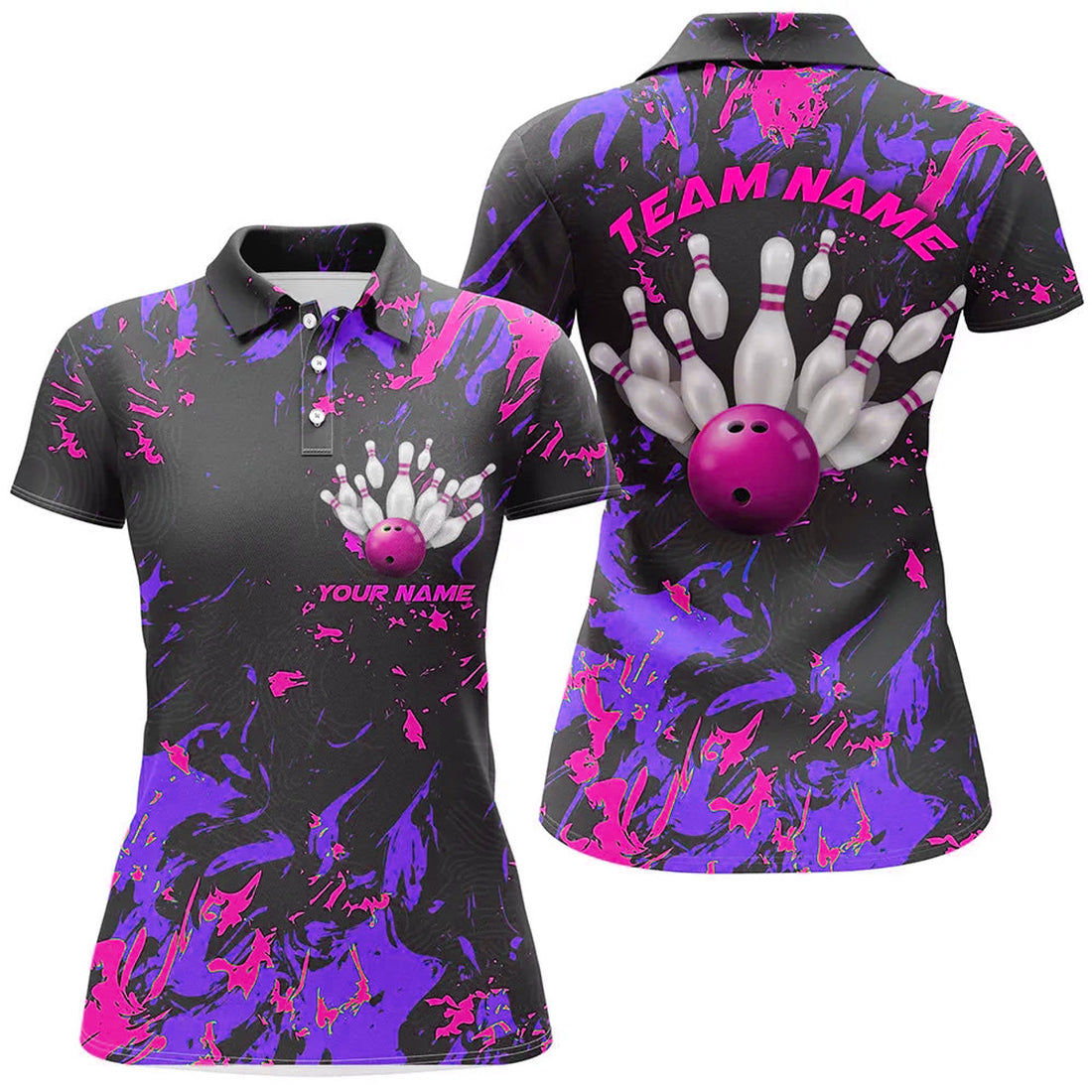 Custom Purple and Pink Camo Bowling Team for League Women's Polo Shirts S-5XL