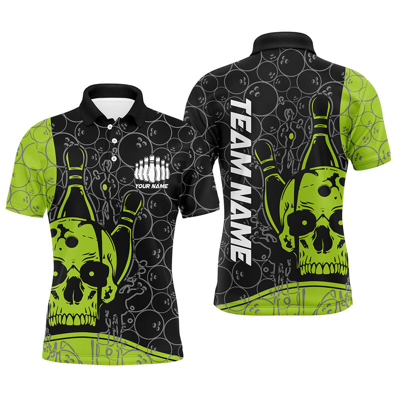 Custom Skull Bowling Shirt Green Bowling Team Men's Polo Shirt S-5XL
