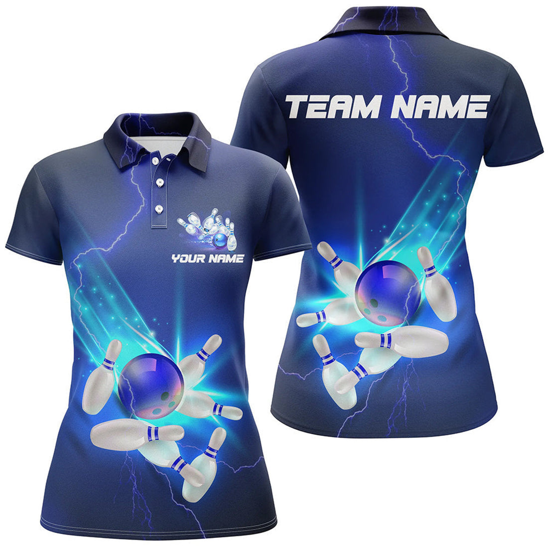 Custom Blue Thunder Lightning Polo Bowling Strike Team Women's Polo Shirts S-5XL