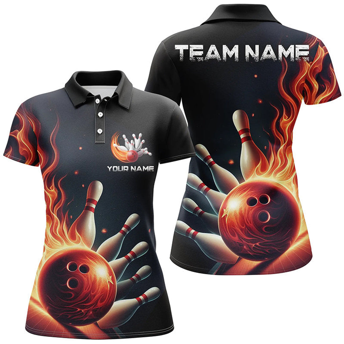 Custom Personalized Red Flame Bowling Team Strike Design Women's Polo Shirts S-5XL