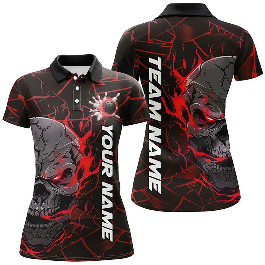 Custom Red Flame Skull Halloween Bowling Team Outfits Women's Polo Shirts S-5XL