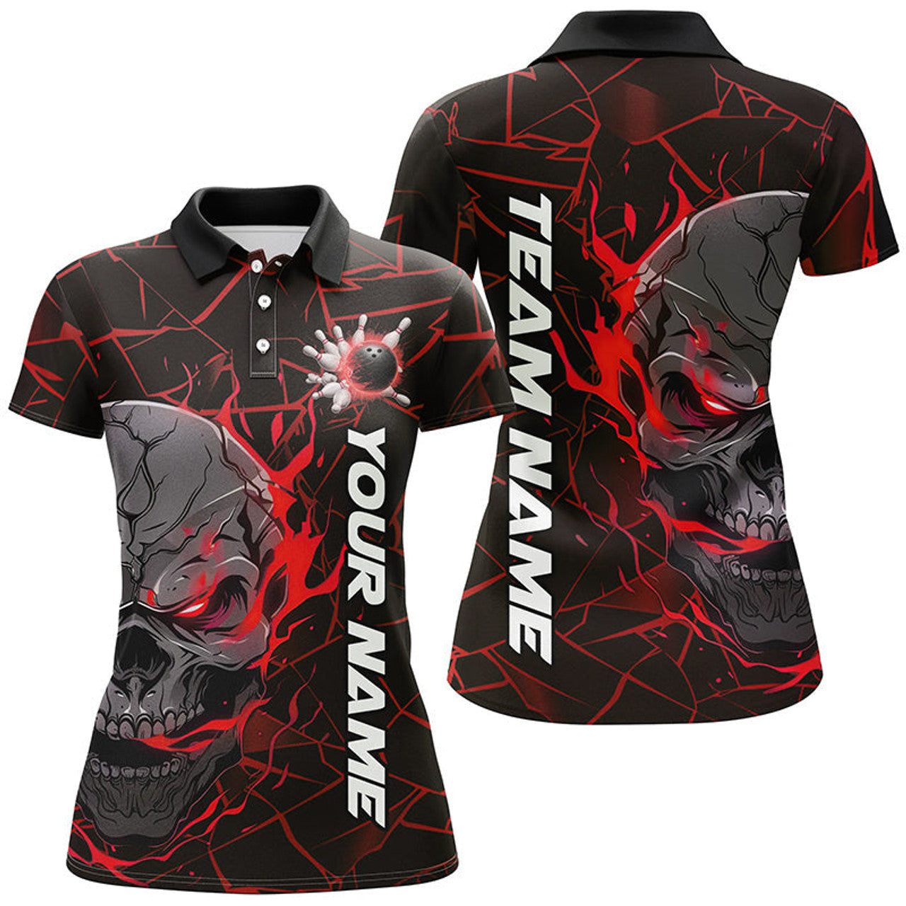 Custom Red Flame Skull Halloween Bowling Team Outfits Women's Polo Shirts S-5XL