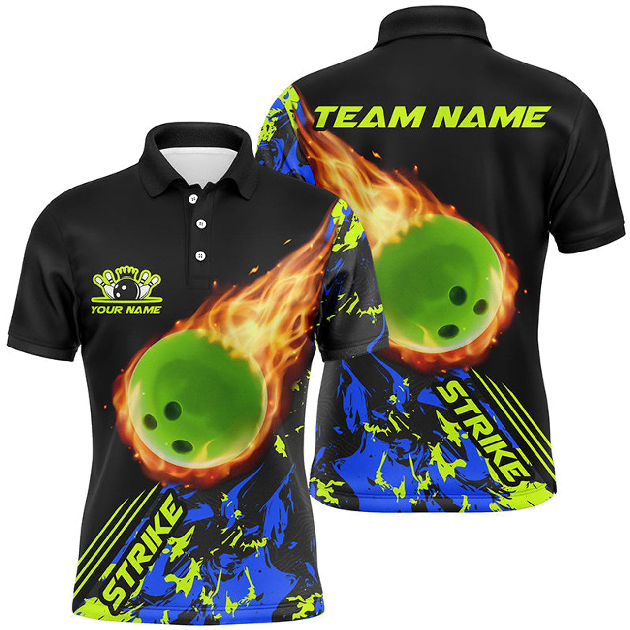Personalized Bowling Team Green Flame Strike Men's Polo Shirt S-5XL