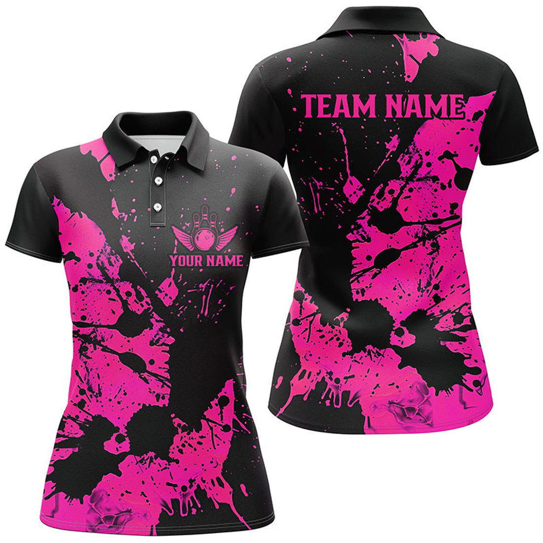 Custom Name Black Pink Bowling Team For Bowling League Women's Polo Shirts S-5XL