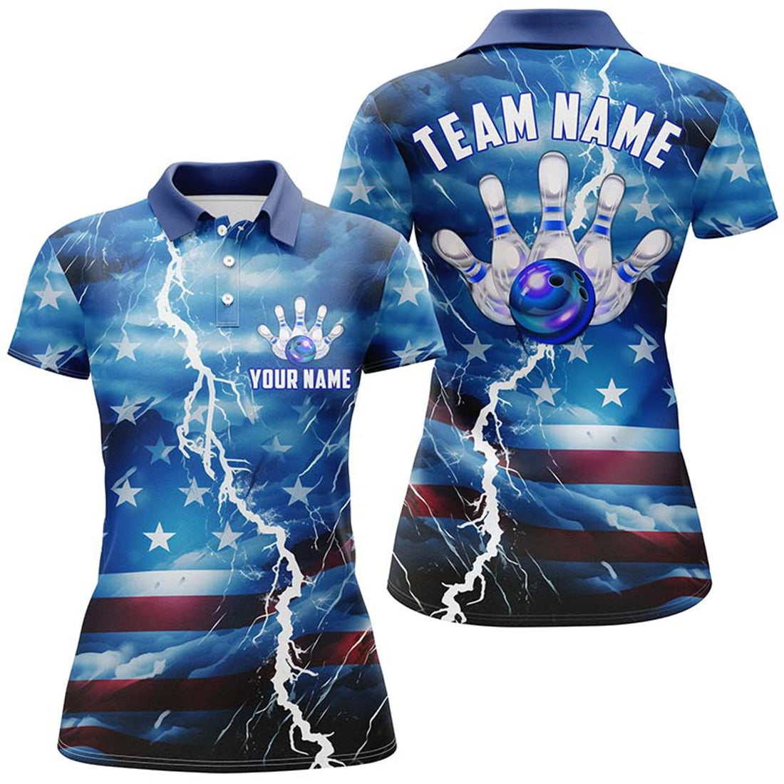 Custom Blue Thunder US Flag Bowling League Tops For Women's Polo Shirts S-5XL