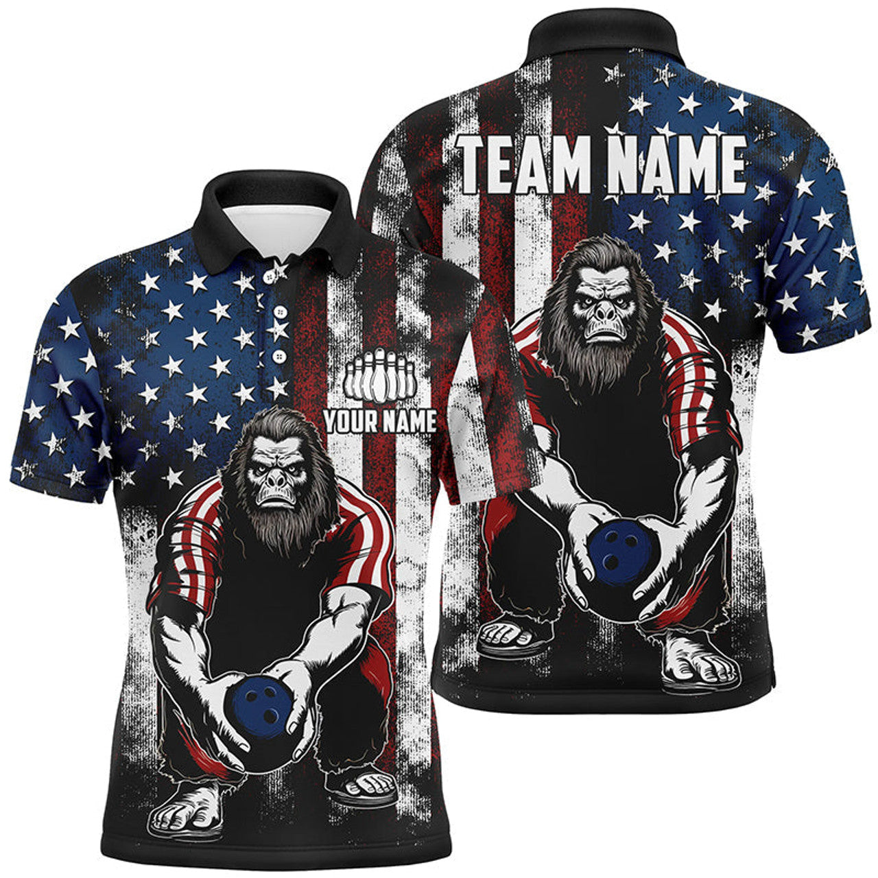 Custom Name American Flag Bigfoot Bowling Team 3D Men's Polo Shirt S-5XL