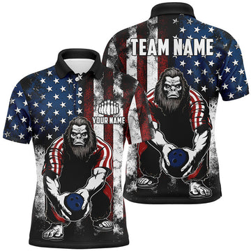 Custom Name American Flag Bigfoot Bowling Team 3D Men's Polo Shirt S-5XL