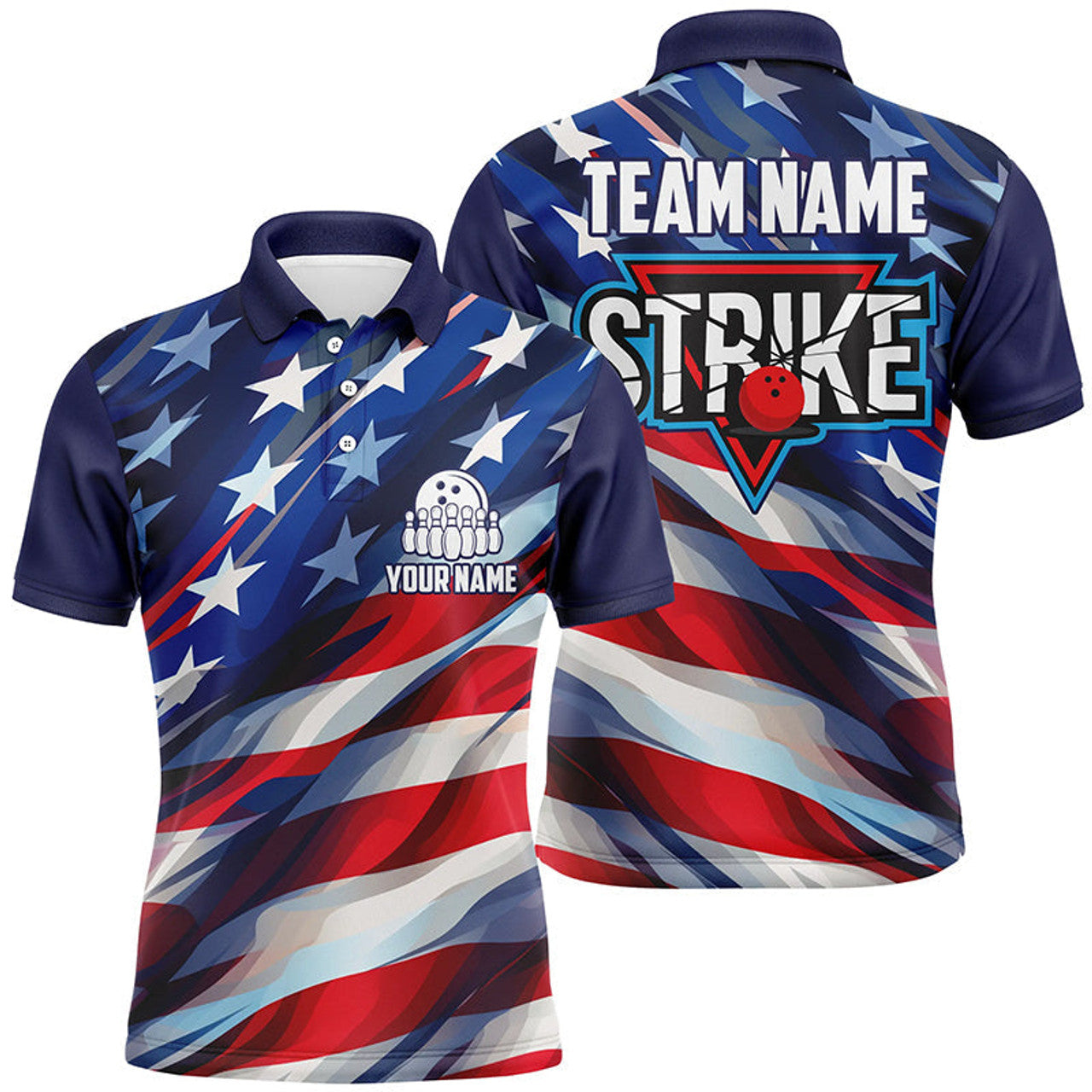 Custom Name American Flag Strike Bowling Team 3D Men's Polo Shirt S-5XL