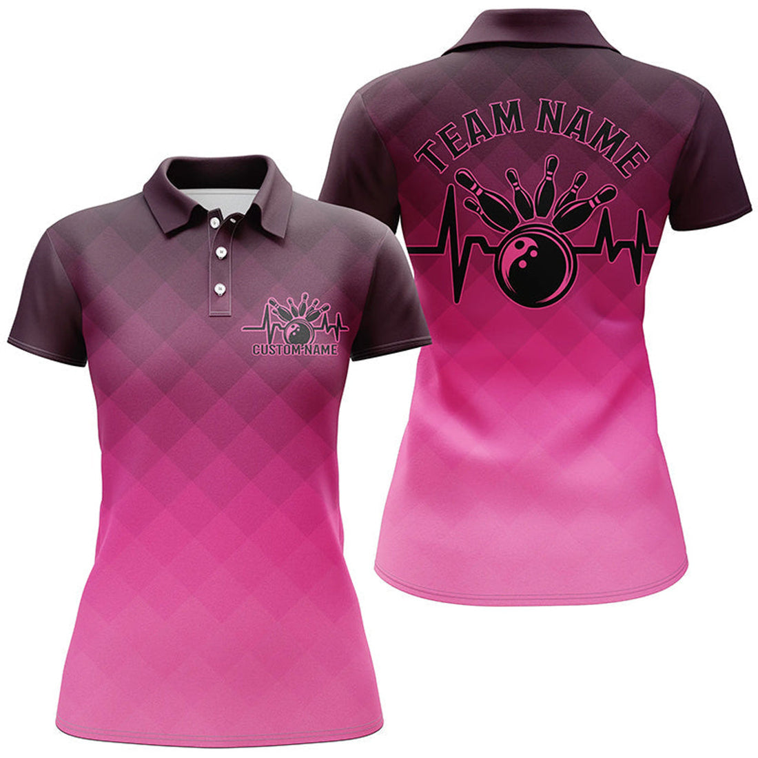 Custom Bowling Heartbeat Pulse Pink Argyle Team Shirts For Women's Polo Shirts S-5X