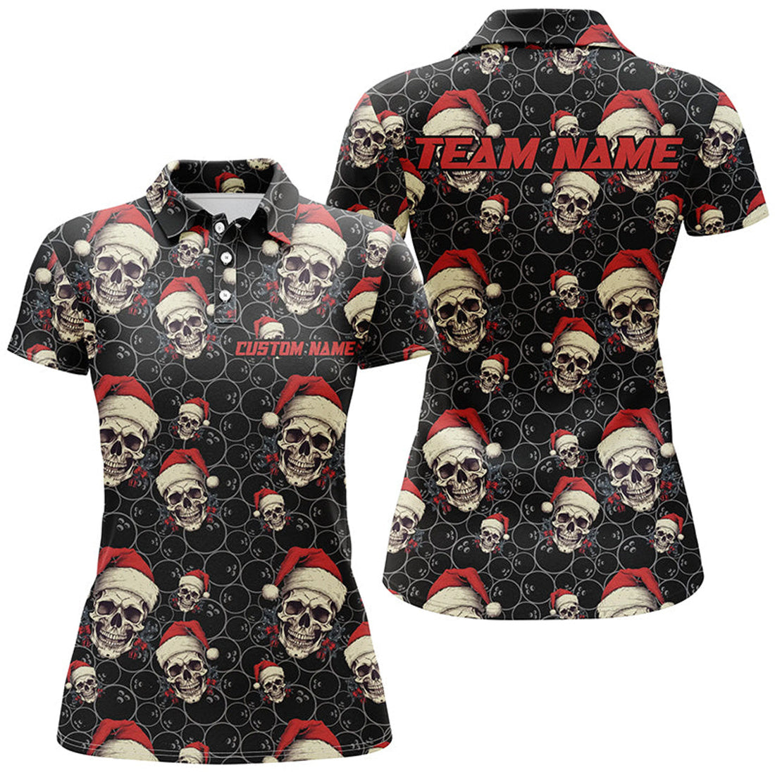 Custom Christmas Skull Bowling Gifts Unique Holiday Design Women's Polo Shirts S-5XL