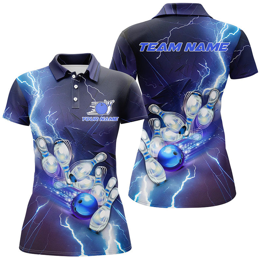 Custom Blue Lightning Thunder Team Bowling for Women's Polo Shirts S-5XL