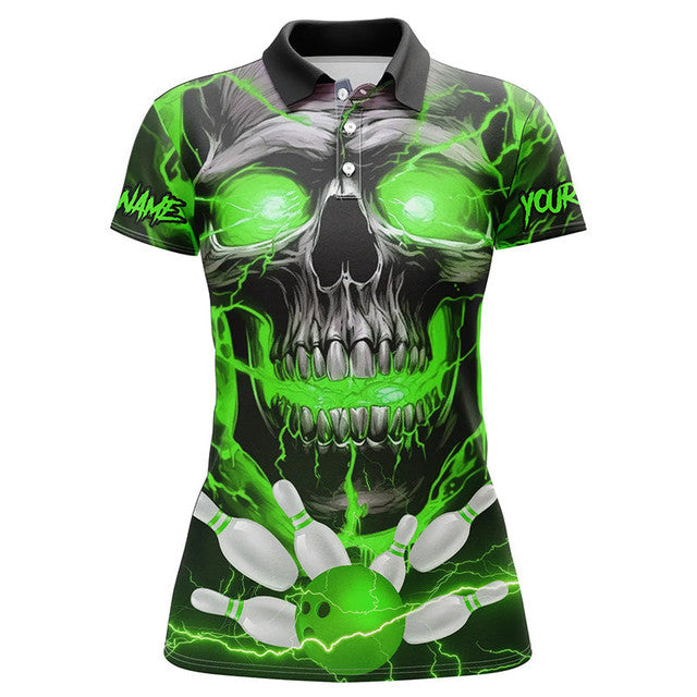 Custom Green Thunder Lightning Skull Bowling League Women's Polo Shirts S-5XL