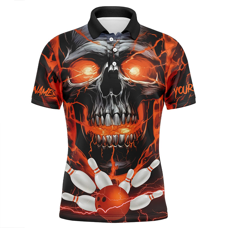 Custom Orange Thunder Lightning Skull Bowling Team Jersey Men's Polo Shirt S-5XL