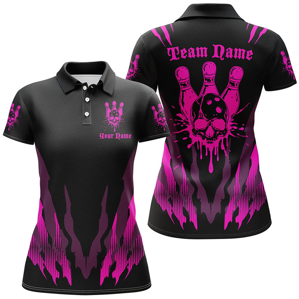 Custom Skull Bowling Team Shirts With Pink Bowling Pin Women's Polo Shirts S-5XL
