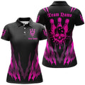 Custom Skull Bowling Team Shirts With Pink Bowling Pin Women's Polo Shirts S-5XL