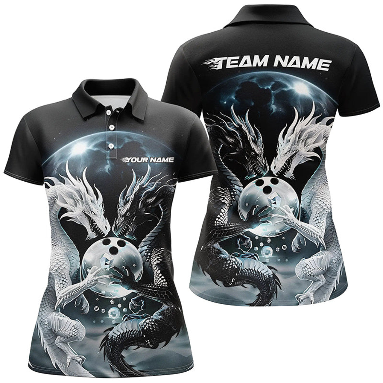 Custom Black and White Dragon Bowling League Shirt Outfits Women's Polo Shirts S-5XL