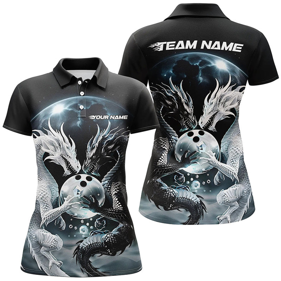 Custom Black and White Dragon Bowling League Shirt Outfits Women's Polo Shirts S-5XL