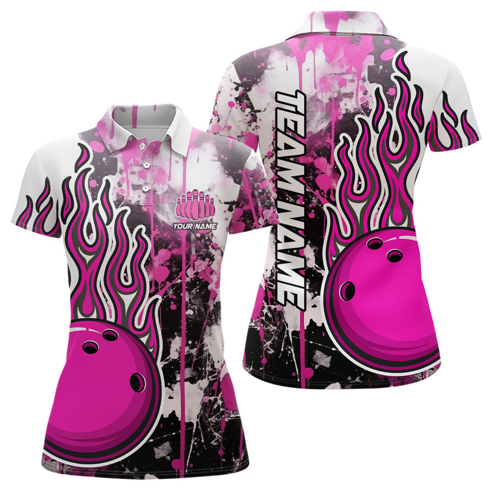Custom Pink Camo Flame Bowling Shirts for Women Team League Women's Polo Shirts S-5XL