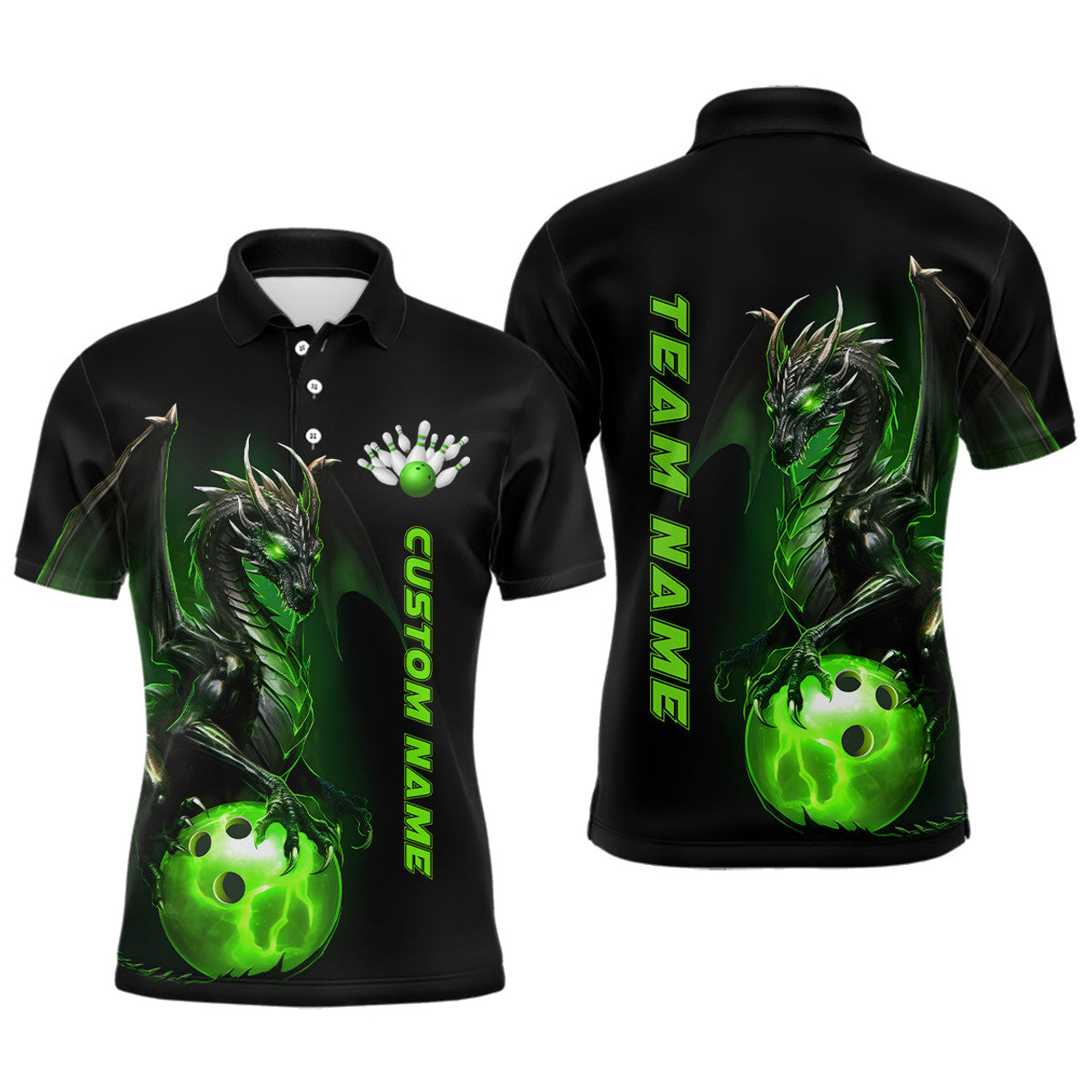 Custom Green Dragon Bowling Team Mens Polo Shirt S-5XL