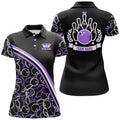 Custom Personalized Bowling Black Purple Bowling Pattern Women's Polo Shirts S-5XL
