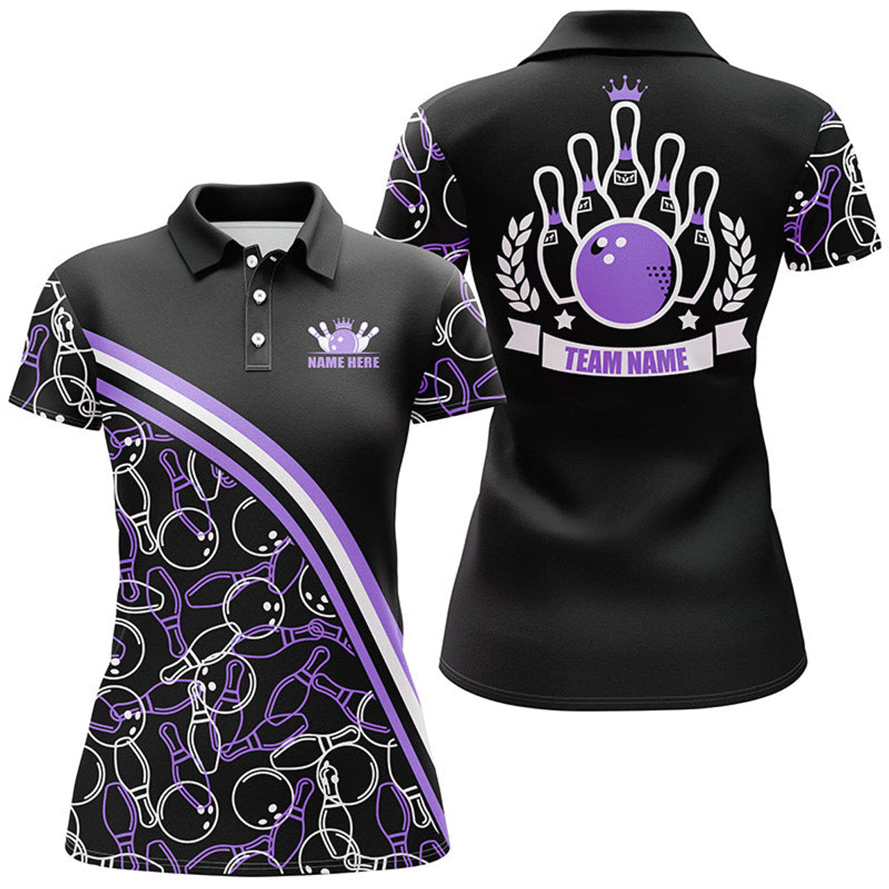 Custom Personalized Bowling Black Purple Bowling Pattern Women's Polo Shirts S-5XL