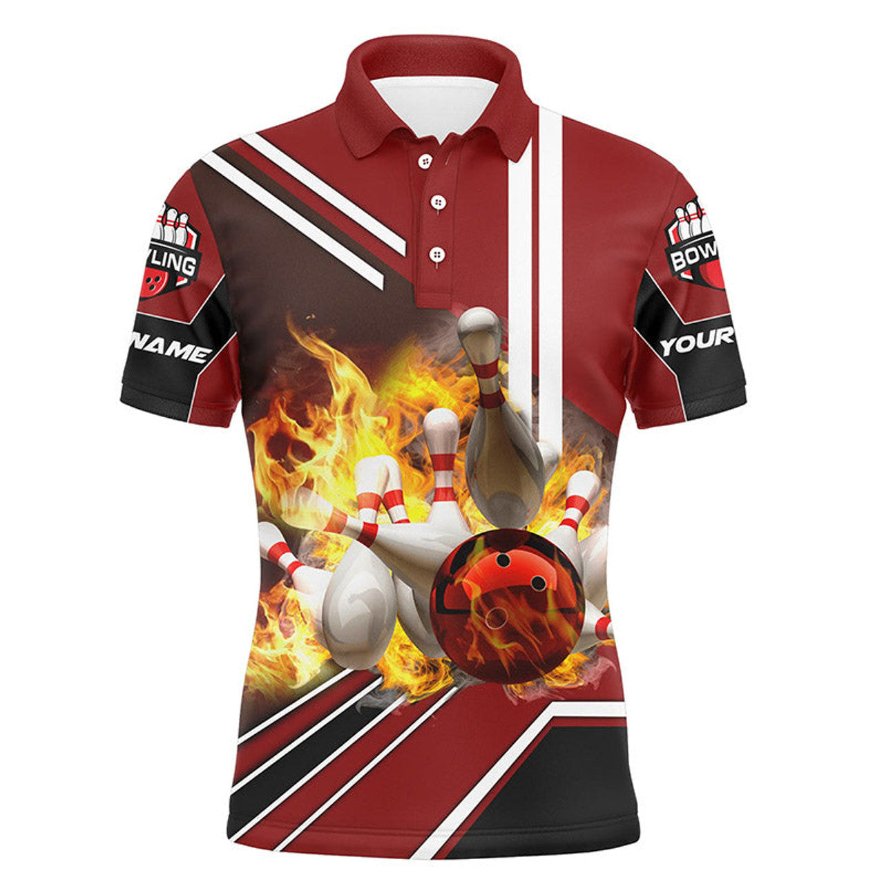 Personalized Bowling Flame Bowling Ball and Pins Men's Polo Shirt S-5XL