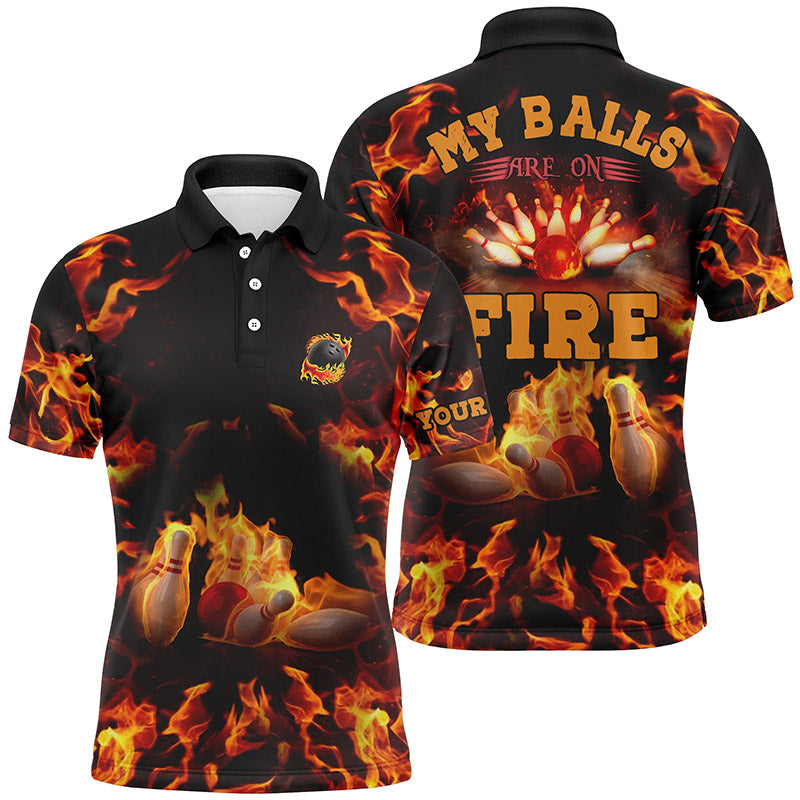Flame Bowling Shirt Custom Name My Balls Are On Fire Mens Polo Shirt S-5XL