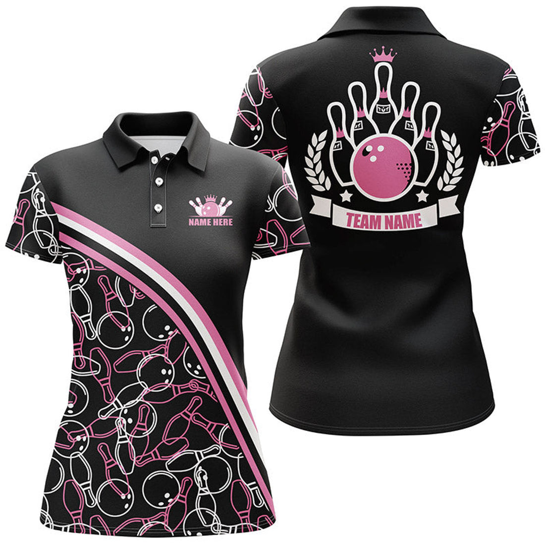 Custom Name Pink Bowling Pattern Team Shirts Women's Polo Shirts S-5XL