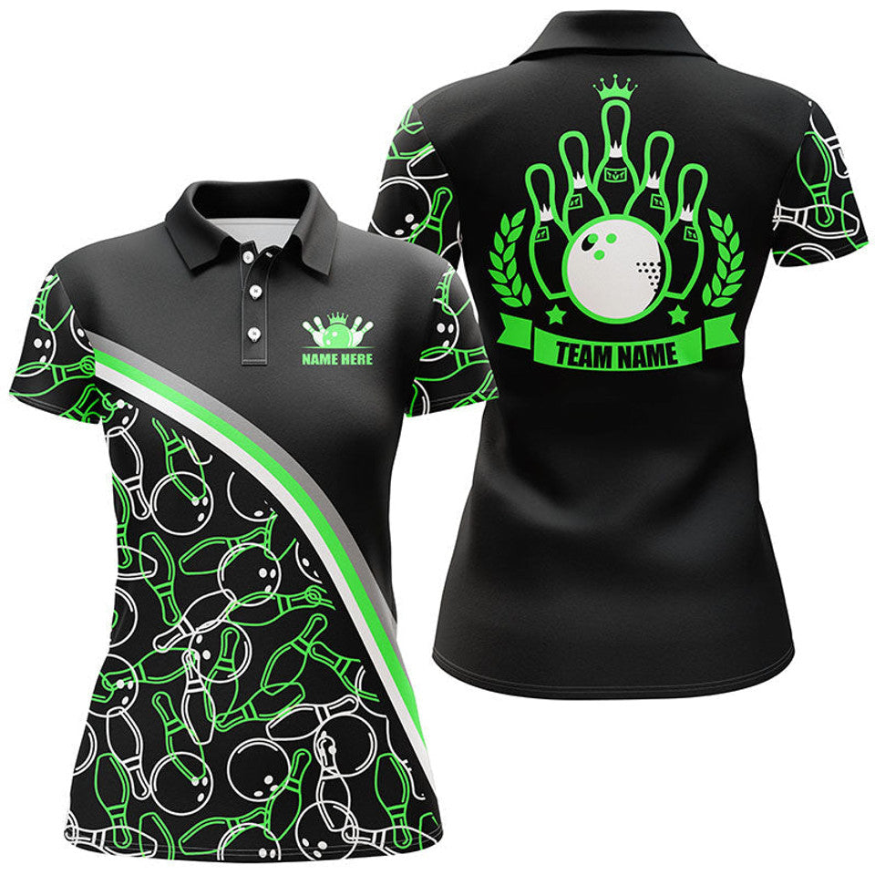 Custom Name Black Green Bowling Shirt With Bowling Pattern Women's Polo Shirts S-5XL