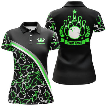 Custom Name Black Green Bowling Shirt With Bowling Pattern Women's Polo Shirts S-5XL