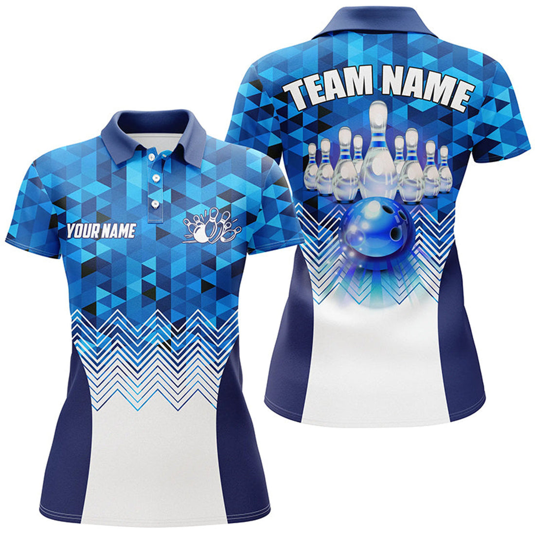 Custom Blue Geometric Bowling Ball And Pins Team Design Women's Polo Shirts S-5XL