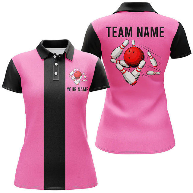 Custom Vintage Bowling Team Pink Black Retro Design Women's Polo Shirts S-5XL