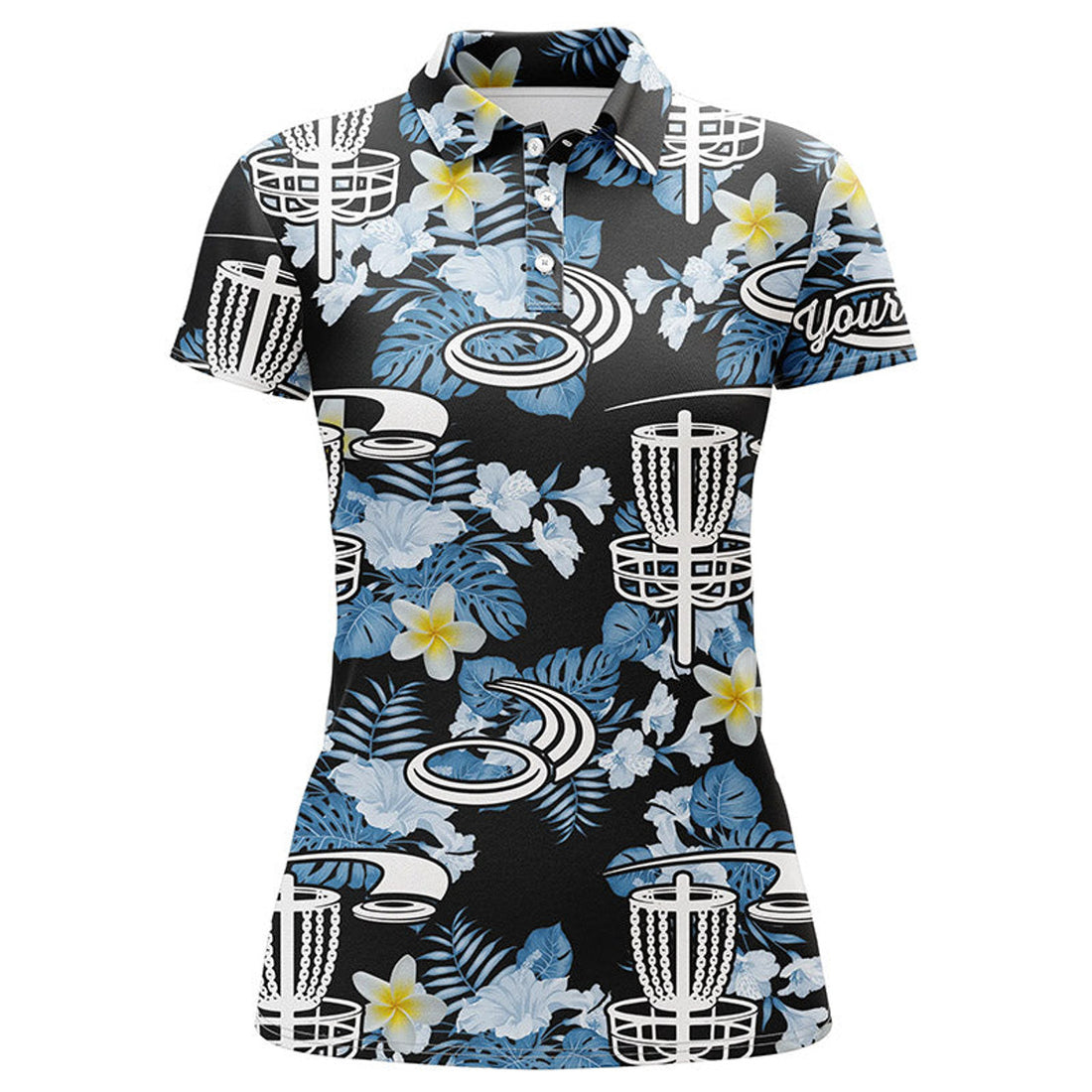Custom Name Blue Leaf Disc Golf Shirt with Basket Design Women's Polo Shirts S-5XL