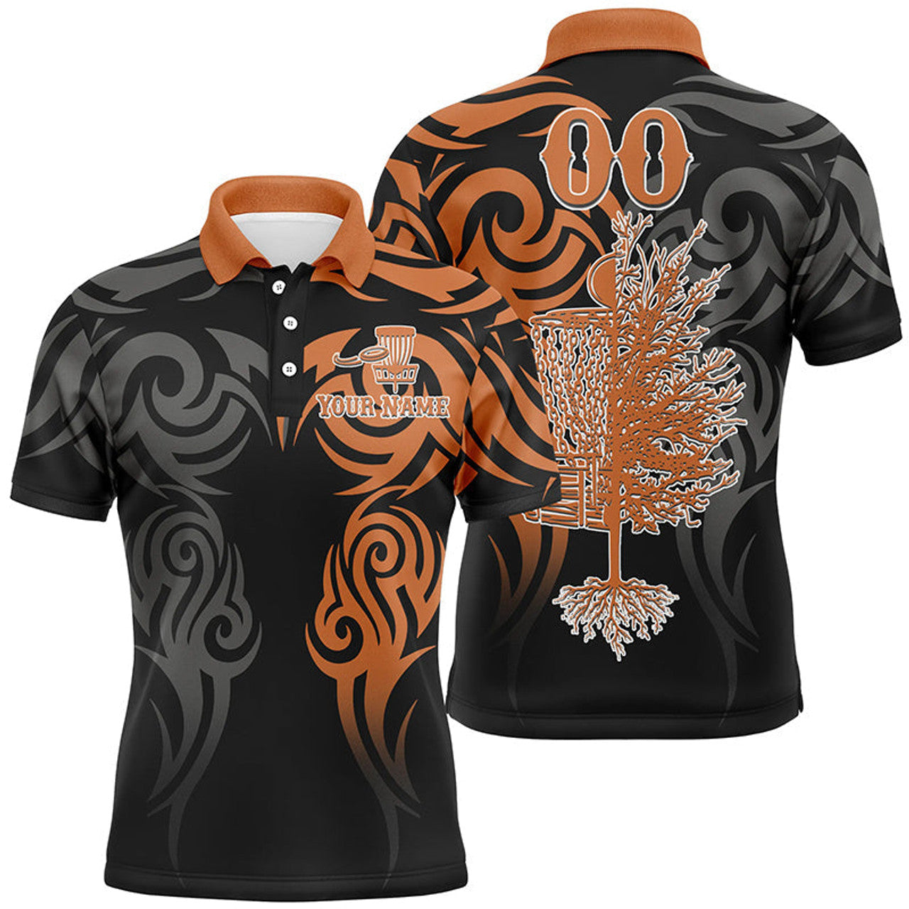 Custom name and number black orange Disc Golf tattoo Men's Polo Shirt S-5XL