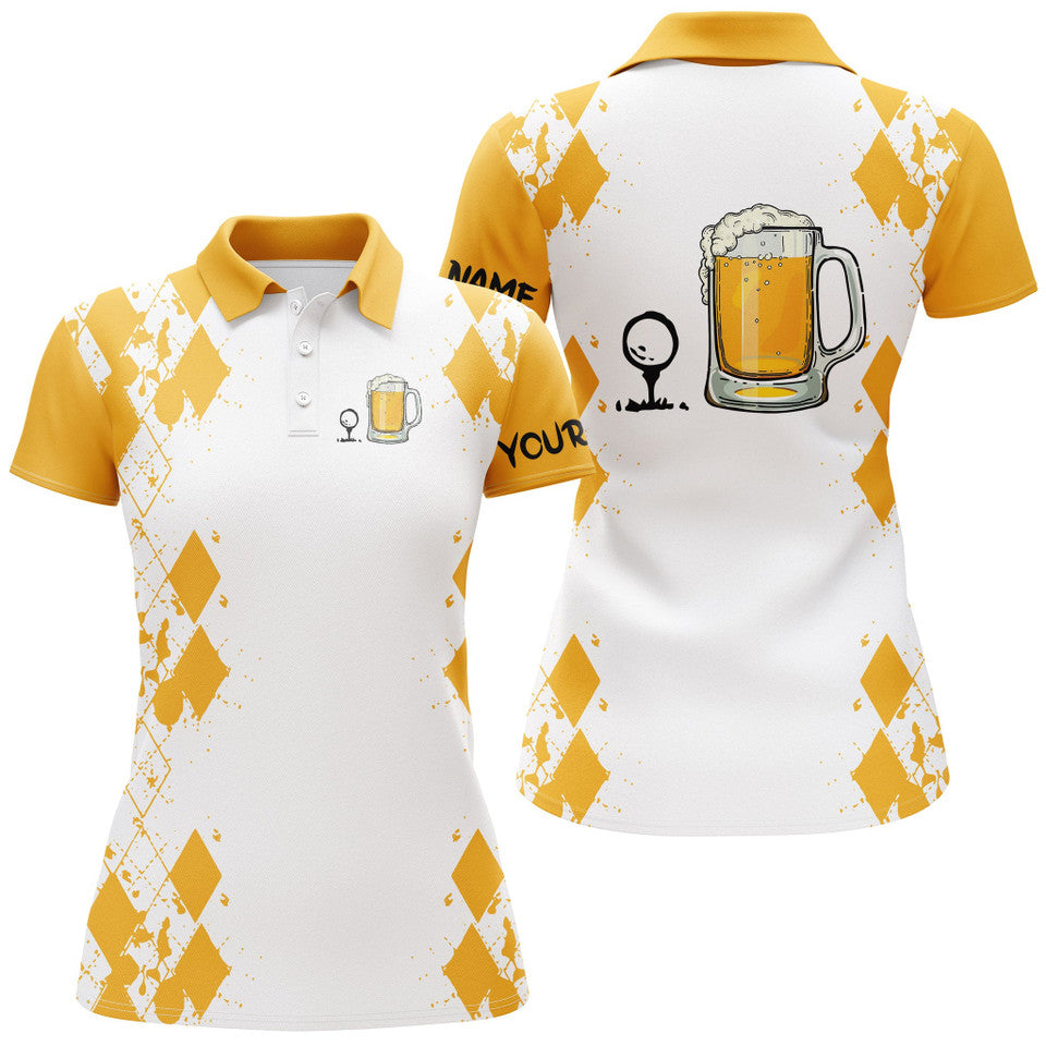 Custom Name Golf and Beer Themed White Yellow Shirt Women's Polo Shirts S-5XL