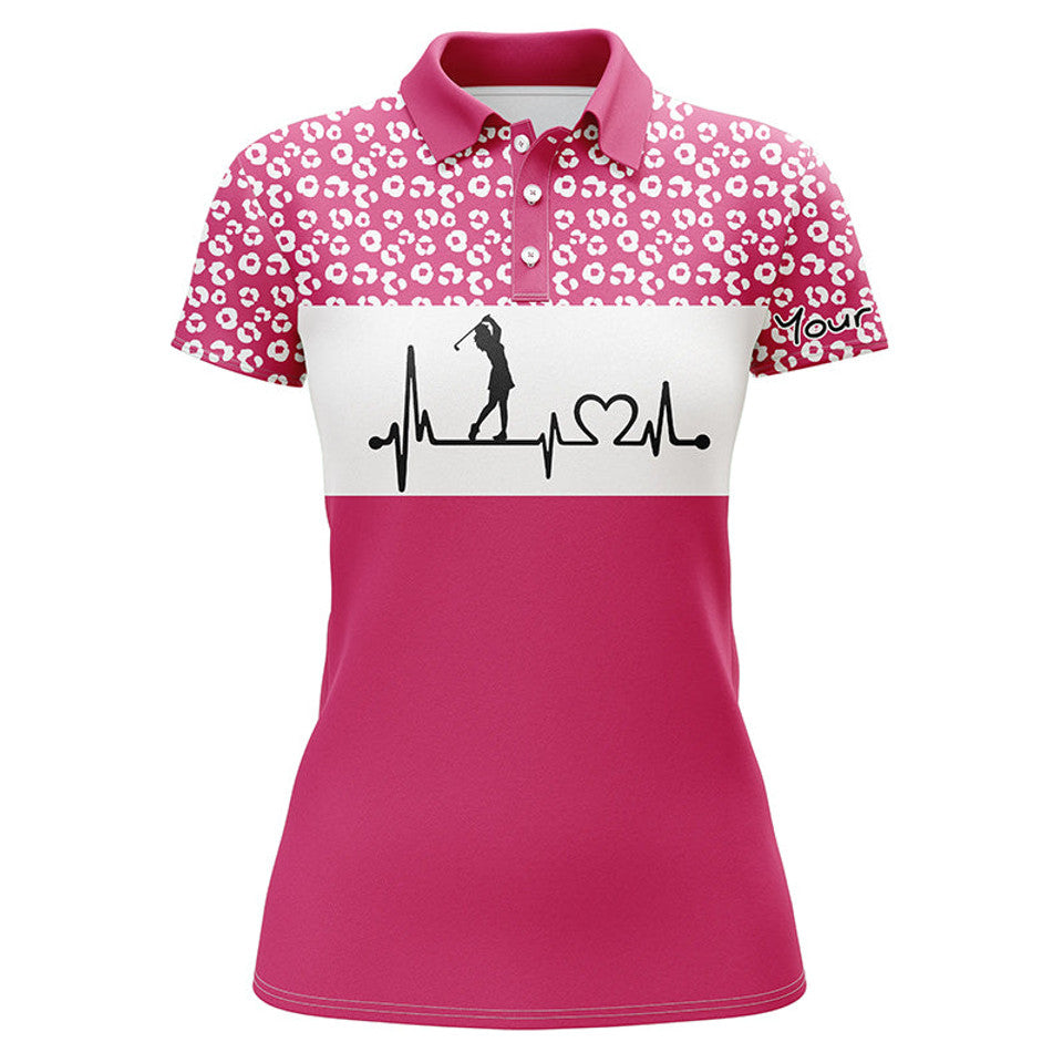 Custom Name Golf Heartbeat Leopard Shirt Womens Golf Gift Women's Polo Shirts S-5XL