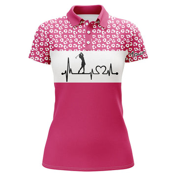 Custom Name Golf Heartbeat Leopard Shirt Womens Golf Gift Women's Polo Shirts S-5XL