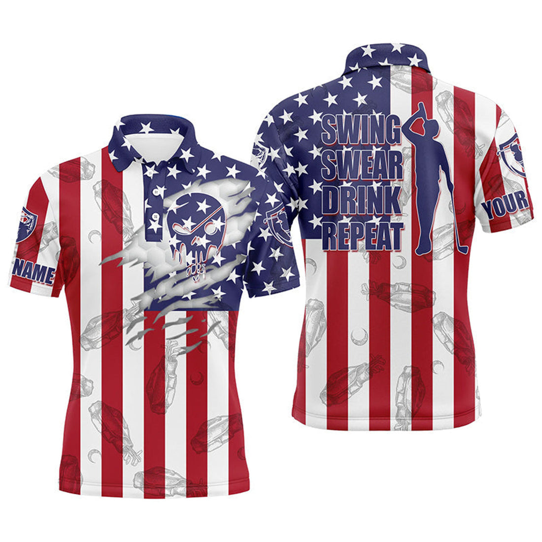 Custom Name American Flag Skull Golf Clubs Patriotic Gift Men's Polo Shirt S-5XL