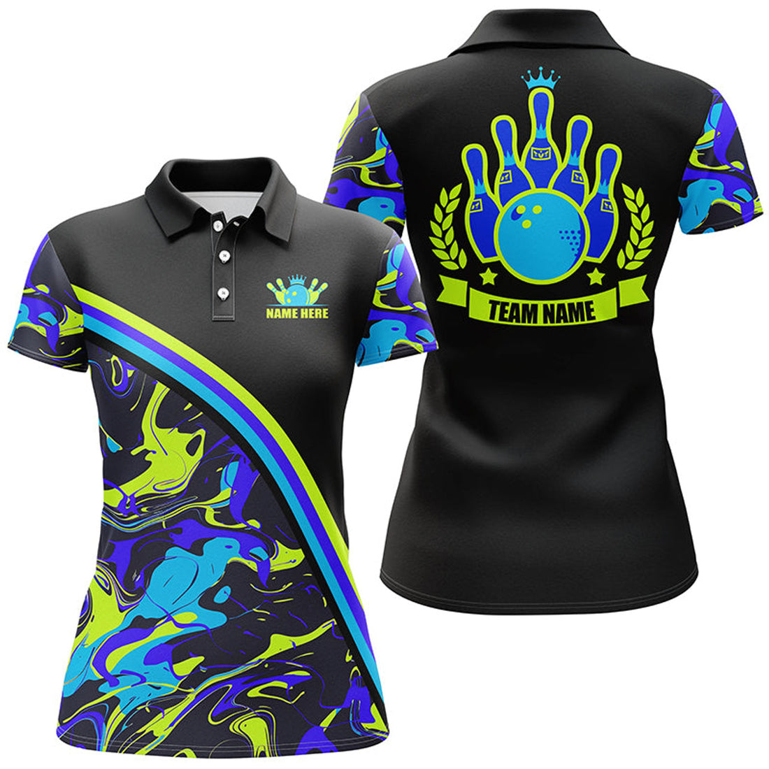 Custom Green Blue Bowling Camo Black Team Design Women's Polo Shirts S-5XL