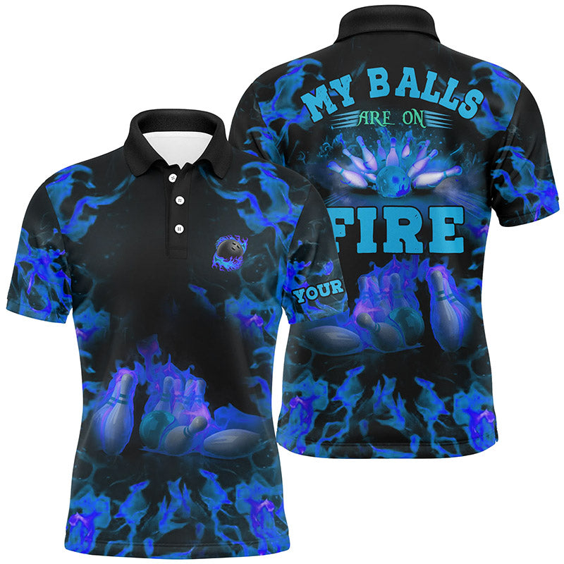 Blue Flame Bowling Shirt Custom Name Balls on Fire Men's Polo Shirt S-5XL
