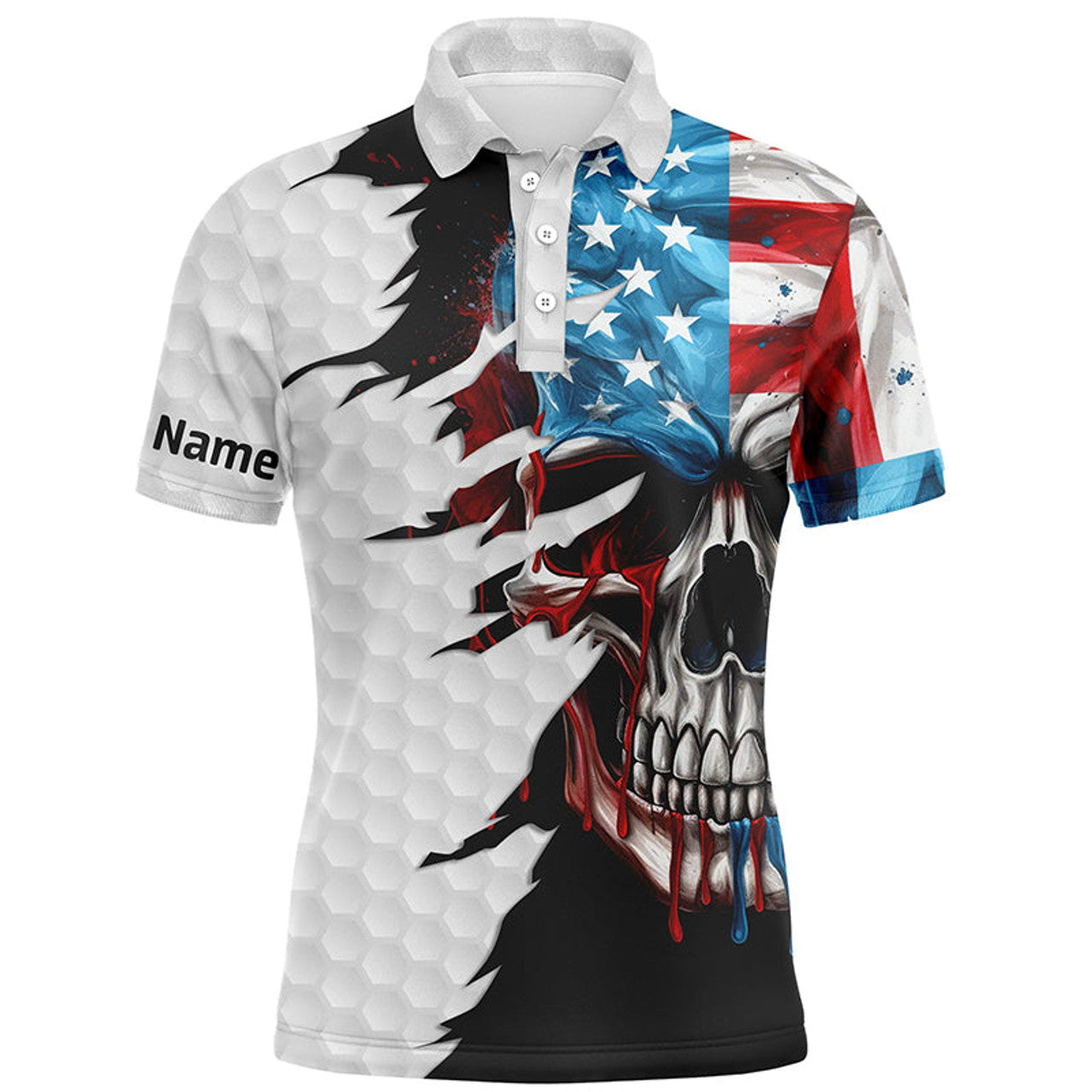 Custom Name American Flag Skull White Golf UPF Outfit Men's Polo Shirt S-5XL