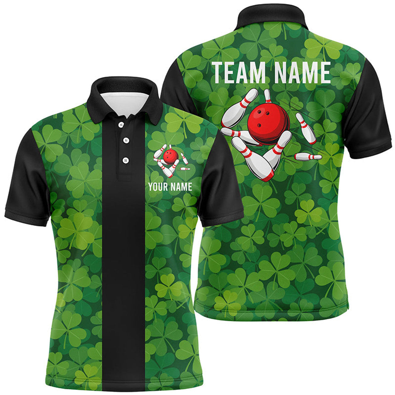 Personalized Green Clover Black Retro Bowling Men's Polo Shirt S-5XL