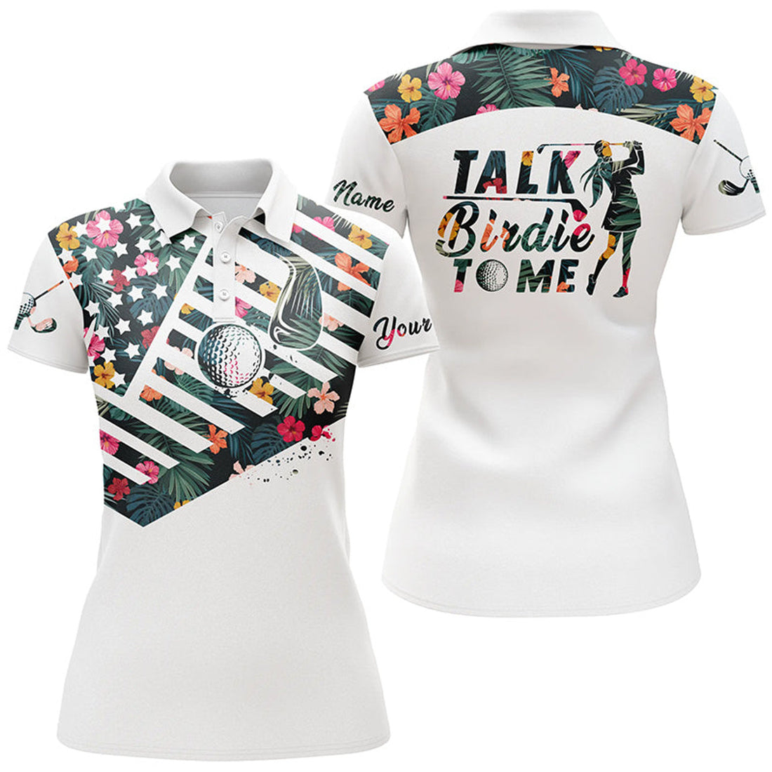 Custom American Flag Tropical Flower Talk Birdie To Me Golf Women's Polo Shirts S-5XL