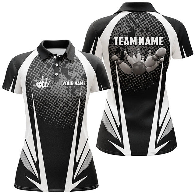 Custom Bowling Shirt Black White Ball Pins Ladies Bowlers Women's Polo Shirts S-5XL