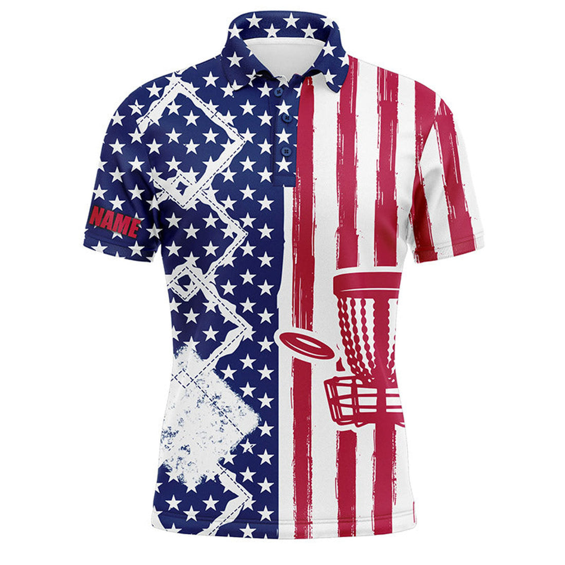 Custom Name American Flag Disc Golf Basket Apparel Gift Men's Polo Shirt S-5XL